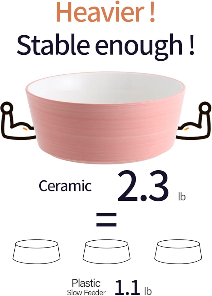 Pink Elevated/Raised Dog Bowl Ceramic with Wood Stand for Medium Large Breed,Dog Food Water Dish Heavy Weighted,8 in Non Slip Modern Cute Porcelain Pet Bowl Extra Large Wide Mouth