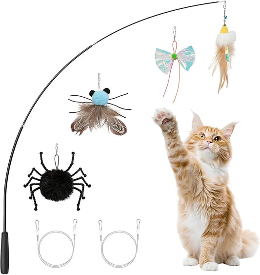 4-in-1 Interactive Cat Toys for Indoor Cats, Retractable Cat Wand Toy with Feather, Crinkle Paper Refills, Kitten Toys Teaser Wand for Bored Indoor Adult Cats and Kittens