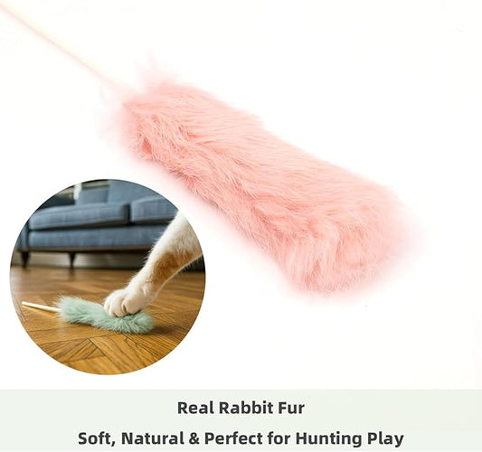 ZAYLUMO Rabbit Fur Cat Toys – 5PCS Interactive Cat Wand Toys for Indoor Cats, Soft Teaser Sticks for Play & Exercise, Natural Fur Cat's Teaser Set, 15" Long