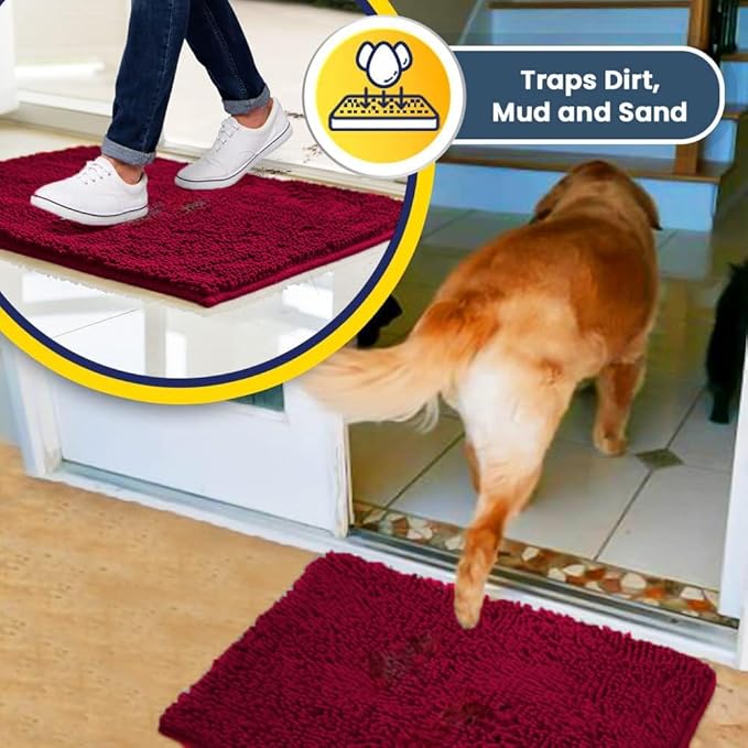 Muddy Mat® | Super Absorbent Door Mat Indoor, Microfiber Quick Dry Chenille Entryway Rug, Non-Slip Front Door Mat, Indoor Mats for Entryway, Machine Washable Pet Rug, Maroon 36" x 120"