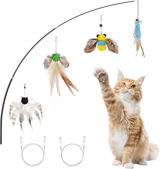 Interactive Cat Toys for Indoor Cats, Retractable Cat Wand Toy with 4 Feather Toy Refills, Kitten Toys Teaser Wand for Bored Indoor Adult Cats and Kittens