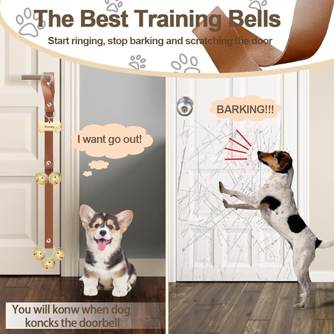 Leather Dog Bells, Puppy Potty Training Bell Dog Doorbell Potty Train Dog Bell for Potty Training Door Bells for Dogs to Ring to Go Outside Jingle Bells (Leather Brown, Bone 1 PCS)
