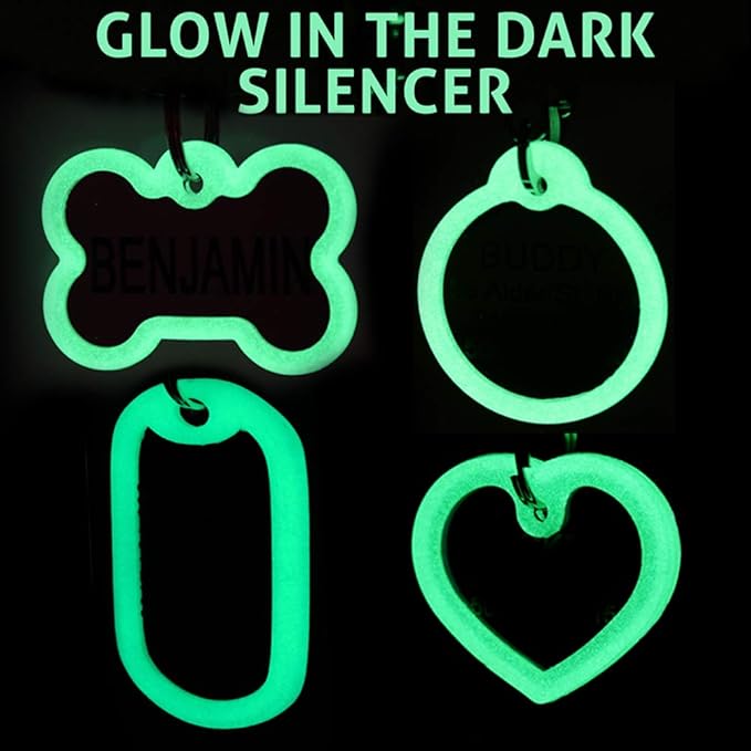 GoTags Personalized Dog Tags in Stainless Steel, Includes Glow in The Dark Tag Silencer to Reduce Noise and Protect Tag and Engraving, No Noise, Quiet Pet Tags, 2 Side Engraving, (Rectangle Shape)