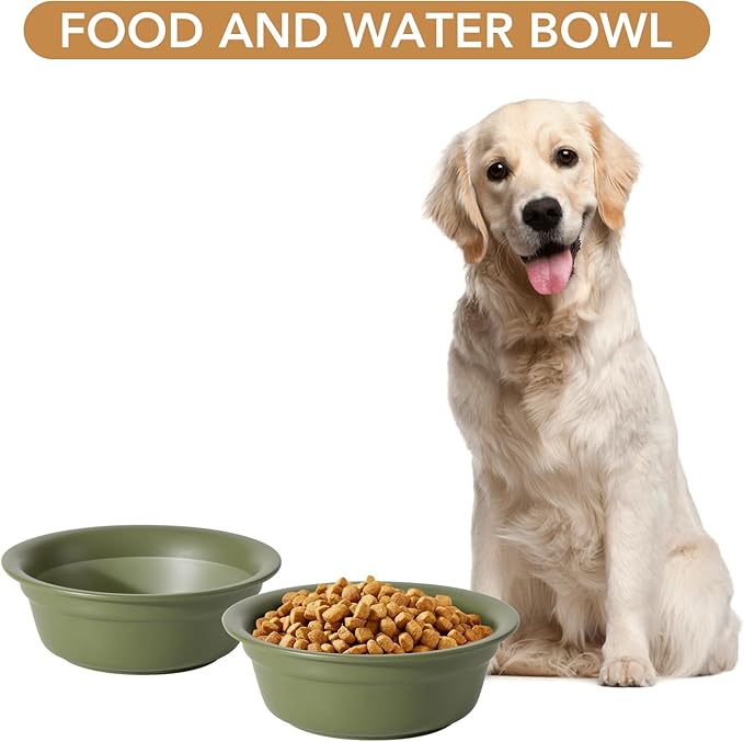 Ceramic 8.7inch Dog Bowl for Large Dogs, Basic 4 Cup Food or 37oz Water Bowl for Replacement, Wide Opening Rounded Edge(Single Bowls, Olive Green)