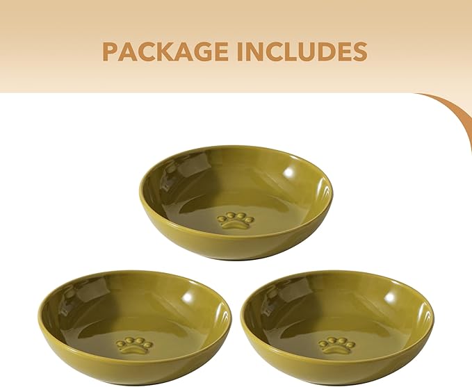 Ceramic Wide Whisker Friendly Cat Dishes, Set of 3 Ceramic Cat Bowls with Paw Print, Anti-Slip Indoor Kitten Feeding Food& Water Dish to Prevent Whisker Fatigue(3 Pcs, Matcha Green)