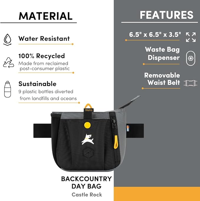 OllyDog Backcountry Day Bag | Hands-Free Dog Training Treat Pouch | Fanny/Hip Pack with Zipper Closure & Built-in Poop Bag Dispenser | Removable Waist Clip (Castle Rock)