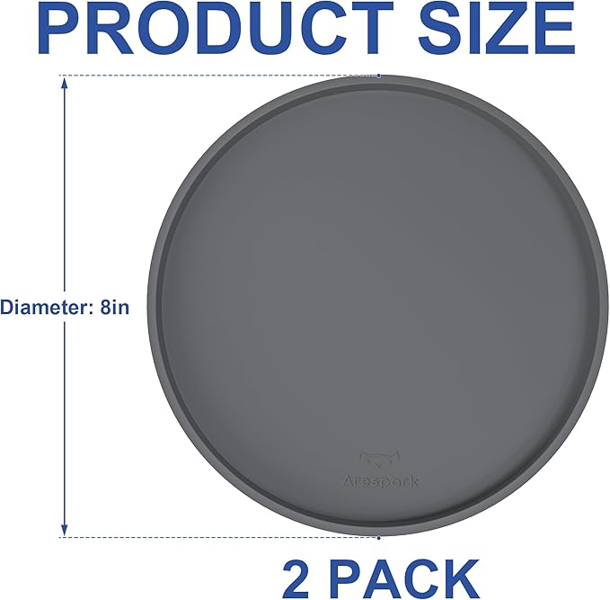 Arespark Cat Food Mat, Set of 2 Nonslip Waterproof Feeding Bowl Silicone Mats with Raised Edges for Food Water Prevent Spills, Round Eating Plates Tray for Dog Cat Puppy Kitten, 8'' x 8''