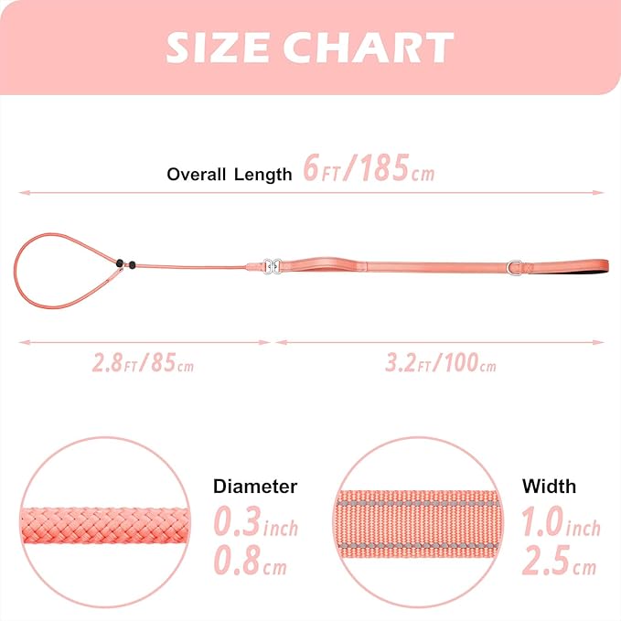 6FT Slip Lead Dog Leash with Double Padded Handle, Anti-Tangle Slip Leads for Dogs, Reflective Nylon No-Pull Training Leash for Small Medium Dogs, Pink