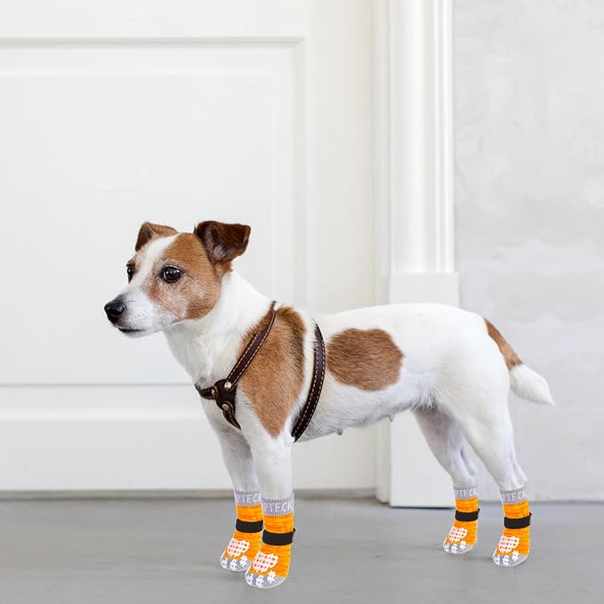 PUPTECK Anti-Slip Dog Socks with Double Sides Grips for Small Medium Large Dogs Hardwood Floors Prevents Licking, Dog Shoes for Hot Pavement Traction Control for Senior Dogs, Yellow, XS