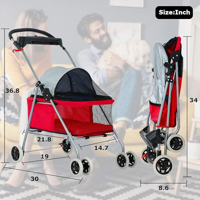 BestPet Pet Stroller 4 Wheels Posh Folding Waterproof Portable Travel Cat Dog Stroller with Cup Holder (Red)