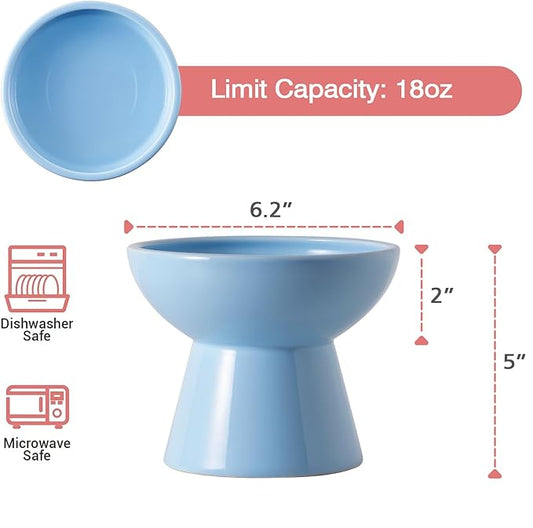 Extra Wide Elevated Ceramic Cat Water Bowl - 6.2" Deeper Dish for Whisker Fatigue Relief, 5" Height for Easy Feeding, Lead & Cadmium Free, Durable Raised Cat Bowls, Blue