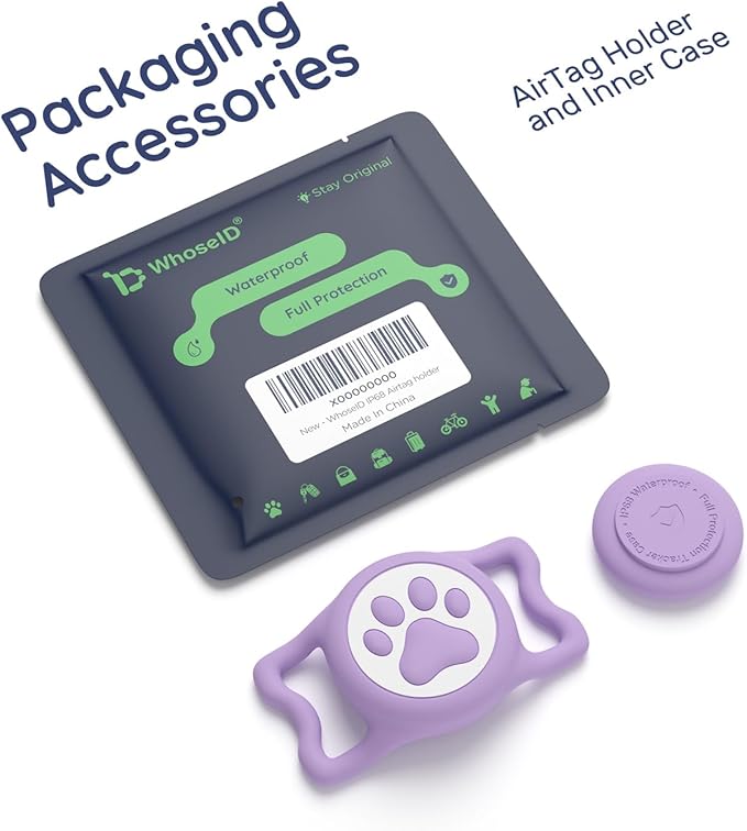WhoseID Apple Airtag Holder for Dog Collar - IPX8 Waterproof, Lightweight & Soft Silicone Case for Air Tag, Adjustable Fit Dog Cat Pet Collars (Purple, 1 Pack)