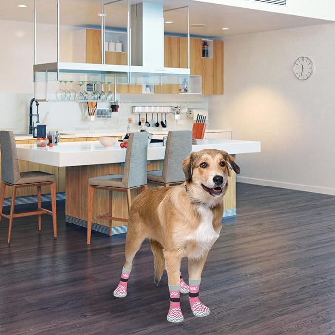PUPTECK Anti Slip Dog Socks 2 Pairs with Double Grippers for Hardwood Floors, Shoes for Hot/Cold Pavement, Boots & Paws Protectors to Prevent Licking, Traction Booties for Senior Small Large Dogs