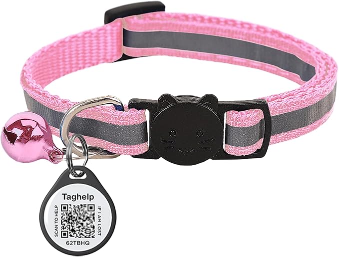Reflective Cat Collar Breakaway with QR Code Tag for Girl Boy cat Name tag Kitten Collars with Bell Cat ID Tag Personalized Real-time scan alerts. (Pink)