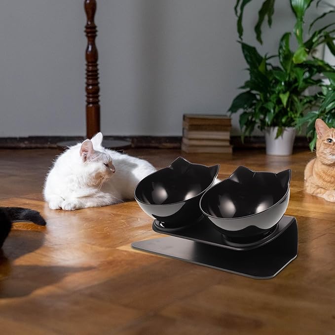 BESPORTBLE Double Raised Dog Feeder Bowl with 15° Neck Guard, Black Plastic Dual Pet Feeding Bowls for Cats and Dogs, Elevated Water and Food Dish for Home Use