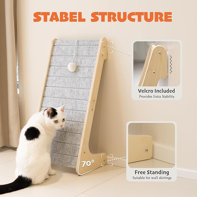 PETKARAY Felt Cat Scratcher, L Shaped Scratching Pad, Scratch Resistant Carpet Scratcher Ramp, Slot-Free Scratch Board with Toy Ball, Light Grey