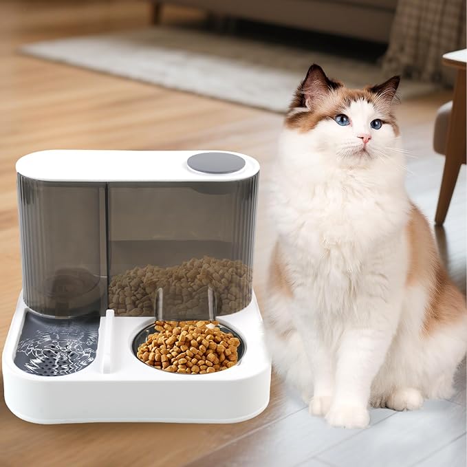 MUYG Automatic Gravity Cat Feeder with Stainless Steel Food Bowl, 2 in 1 Cat Feeder and Water Dispenser Combo Detachable Pet Water and Food Dispenser Set for Puppy Kitten Small Dog(Gray)