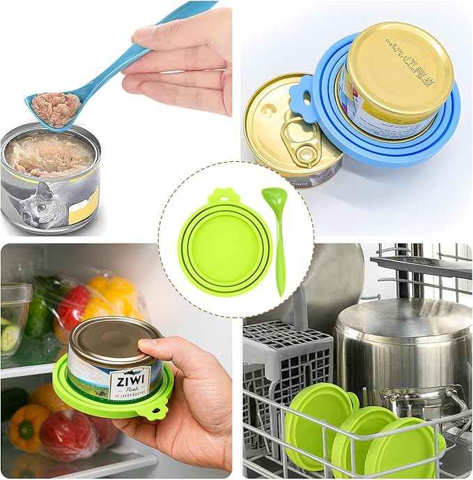 6-Pack Pet Food Can Lids, Silicone Dog Food Lids for Cans, Universal Wet Cat Food Lid Covers, Leakproof Reusable Plastic Can Covers, One Fits 3 Standard Sizes with Matching Scoops, Multicolored