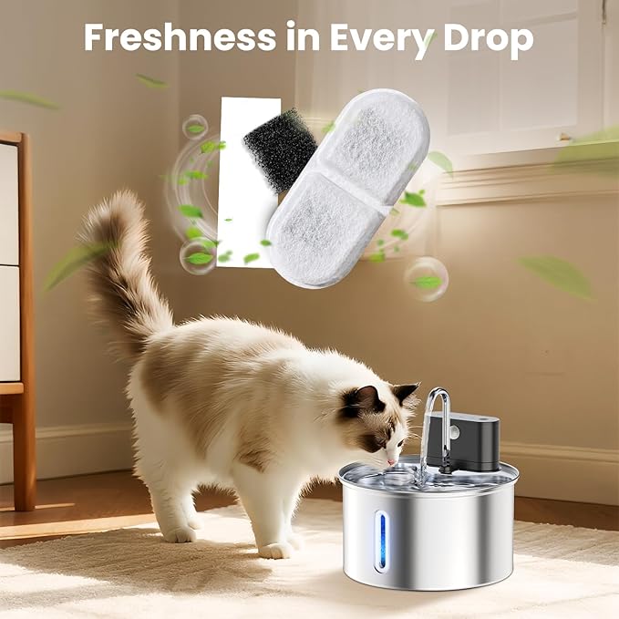 CityFlee Cat Water Fountain Filter Replacement,18 Pcs(6 Carbon+ 6 Sponge+ 6 Cotton) for Pets Automatic Water Dispenser for Dogs, Compatible with 2.2L/3L/3.2L/3.5L/12L Stainless Steel Cat Fountains