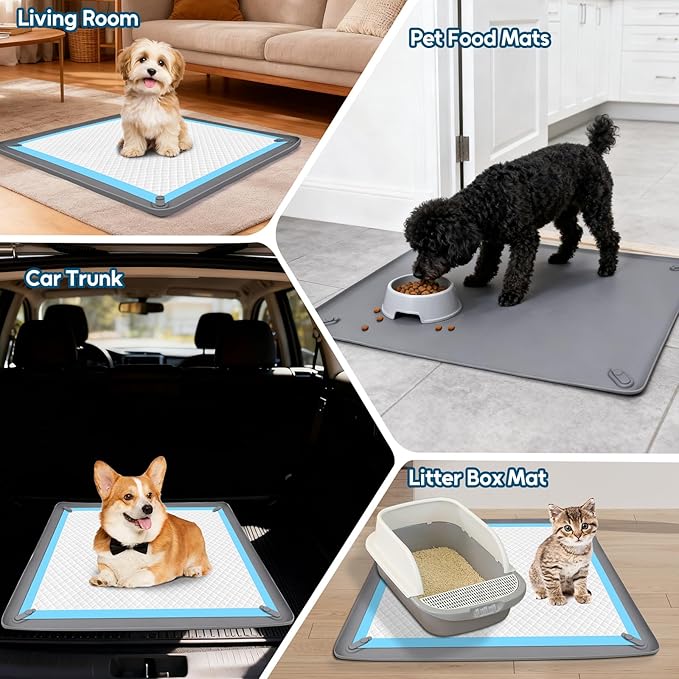Pee Pad Holder for Small Dogs, 24" x 24" Dog Puppy Pee Pad Holder Non-Slip Silicone Tray with 4 Magnetic Clips for Training, No Spill Raised Lip High Edge for Indoor Floor Protection, Gray