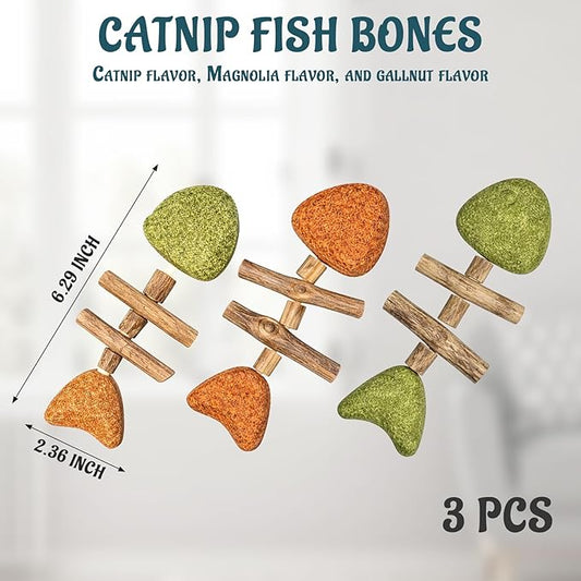 MIRJXB Cat Chew Toy, Interactive Cat Toy with Catnip, Dental Care for Cats, Teething Toy for Indoor Cats, 3-Pack Fish Bone Shape in Mixed Flavors 16x6 cm
