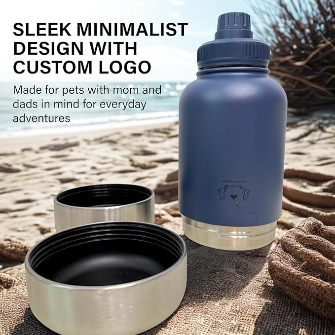 Love Wag & Play Dog Water Bottle Portable – 2 in 1 Stainless Steel Bowl for Food, Water – Leakproof Portable Water Bowl for Dog with Carry Loop – Detachable Design – Ideal for Kibble, Treats - Blue