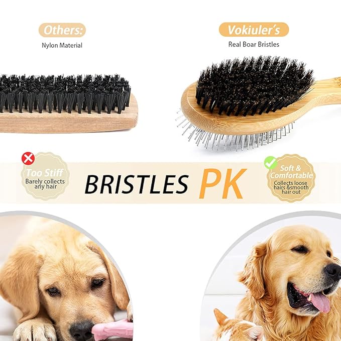 Double-Sided Pet Grooming Brush - Boar Bristle and Pin Brush for Long/Short Hair Dogs and Cats, Bamboo Handle, 1 Pack