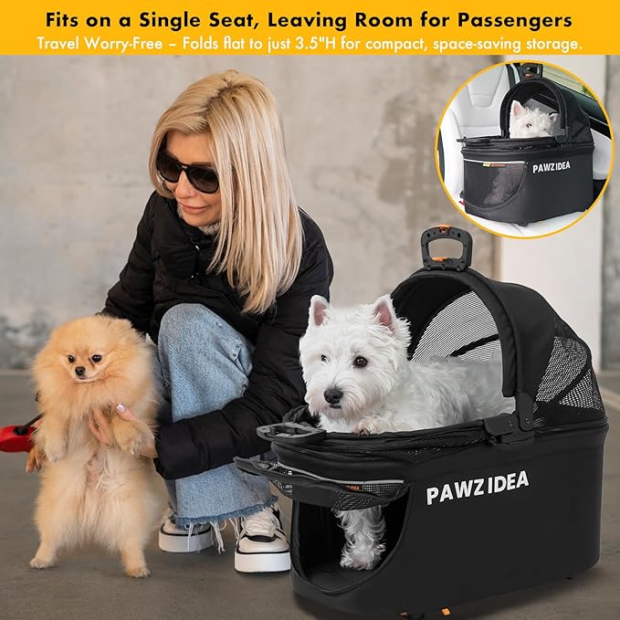 PAWZIDEA Portable Small Dog Crate for Car Travel, Enclosed Pet Car Seat for Small/Medium Dogs & Cats up 33 lb, Reversible No-Zip Canopy, Soft-Sided Pet Carrier Basket, Foldable Dog Kennel, Metal Frame