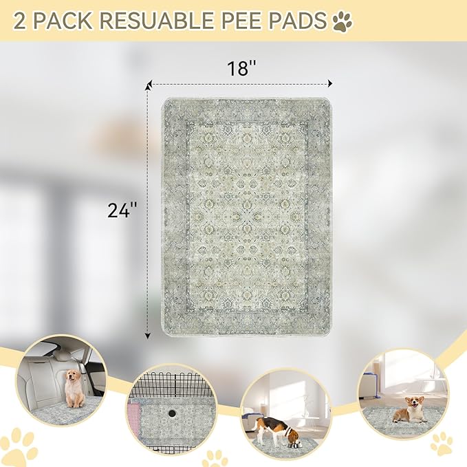 Washable Pee Pads for Dogs, 2 Pack 18'' x 24'' Reusable Non-Slip Puppy Pads with Super Absorbent, Waterproof Rug for Training Travel Whelping Housebreaking Incontinence Crate