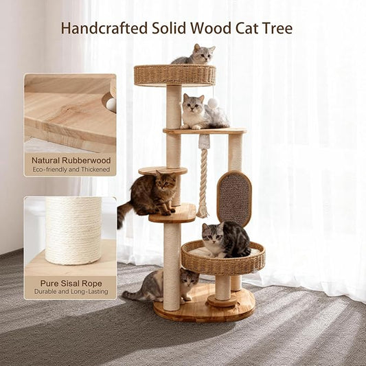 Wooden Cat Tree for Large Cat, Tall Cat Tower with Scratching Post for Indoor Cats, Multi-Level Cat Condo with Hand-Woven Cat Bed and Scratching Board Easy to Clean (48IN)