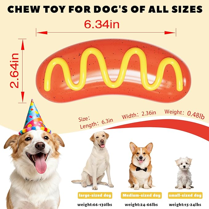 BURIESUR Dog Chew Toys,Interactive Dog Toys to Keep Them Busy,Hot Dog Tough Toys for Training and Cleaning Teeth,Rubber Dog Toys for Aggressive Chewers,Indoor Outdoor Play for Dogs,Dog Birthday Gift