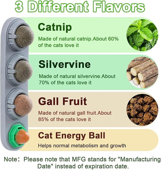 KIMOBER 4 Pack Catnip Ball for Cats,Edible Kitten Chew Toys with Catnip Silvervine Gall Fruit Flavors for Cats Lick Dental Teeth Cleaning Cats Wall Treats