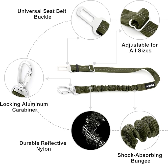 Dog Seat Belt for Car, Adjustable Dog Car Harness Seatbelt for Small Medium Large Dogs, Heavy Duty Travel Safety Restraint with Locking Aluminum Hook & Reflective Nylon Strap, Ranger Green