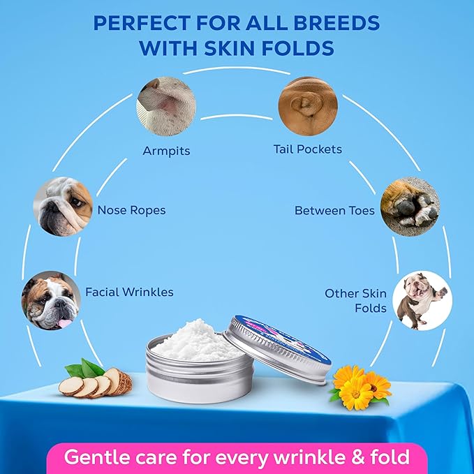 Bulldog Wrinkle Care Powder - Moisture & Odor Control Absorb Tears - Natural Soothing Formula with Arrowroot & Calendula - for Face Wrinkles, Skin Folds, Tail Pockets & Butt, with Face Brush- 50 g