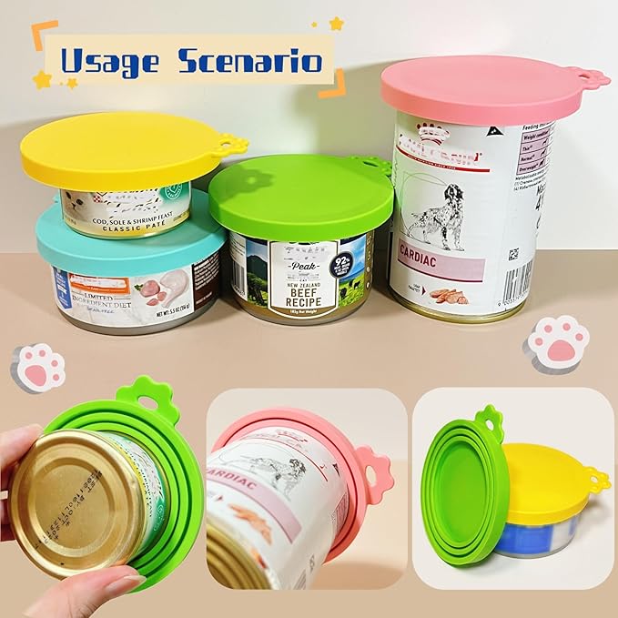 MoPawKT- Silicone Cat/Dog Food Can Covers Lids, Universal 3 Sizes Fit for 3oz, 5.5oz, 6.5oz, 13oz, 13.2oz Pet Food Cans, BPA Free, Reusable (box set of 2 lids in Green & Yellow)