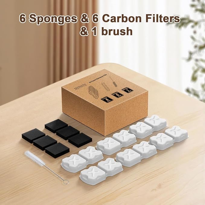 MJYNITE Cat Water Fountain Filter Replacement Kit - 6 Cat Fountain Filters, 6 Sponges & 1 Brush, Compatible with Stainless Steel Pet Fountains