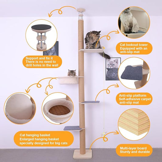 Floor-to-Ceiling Cat Tree, Adjustable Height (60-114 in), 4-Tier Climbing Tower with Accessories, Cat Activity Center with Plush Perches & Extra-Large Hanging Basket
