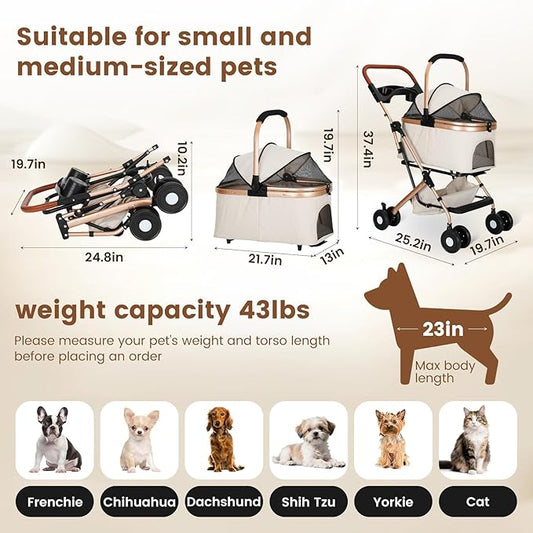 Dog Stroller for Small & Medium Dogs & Cats, Foldable Pet Stroller Wagon Carries Up to 44 lbs, Dog Wagon with Storage Basket and Cup Holders, Plus a Removable Portable Pet Carrier
