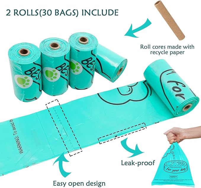 Dog Poop Pickup Bags Holder Dispenser with Standard-Sized Leak-Proof Scented Doggy Waste Bags and Carabiner with Safety Lock&Fastener Never Loose on Leash Lead Again (2 Holders 30 Bags, Black)
