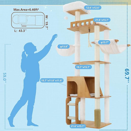 Hey-brother Wooden Cat Tree, 69.7 inch Cats Furniture Tower with Large Platforms, Hammocks, Spacious Condo, Full Sisal Scratching Posts, Ladder, Brush, Water Proof Surface, Walnut MPJ120WB