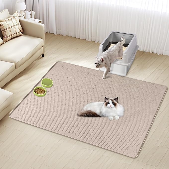 Cat Litter Mat, XL Extra Large 57" x 40" Silicone Mat Litter Trapping Mat for Scatter Control, Soft on Kitty Paws, Easy to Clean (Khaki)