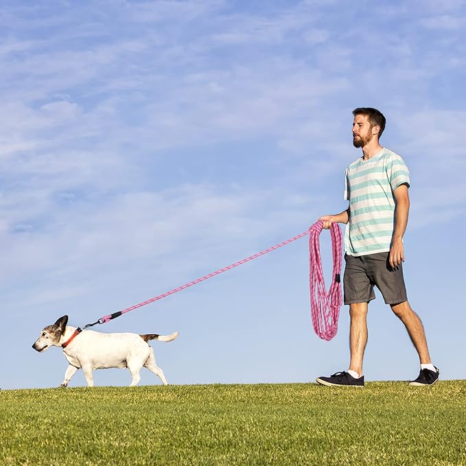 Long Dog Leash for Training 15Ft-Reflective Nylon Rope with Swivel Hook-Recall Agility Lead for Large Small Medium Dogs Outside Walking Hiking-Pink Diam 1/2"