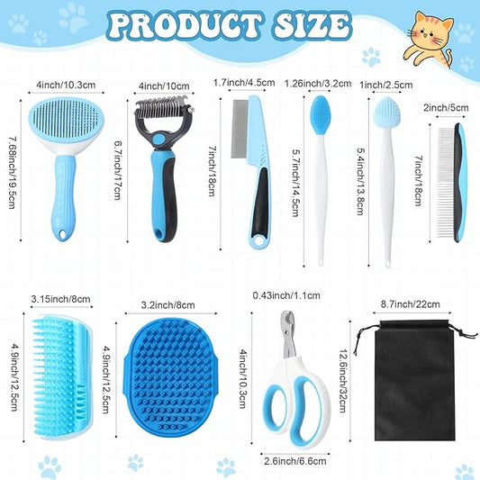 Cats Grooming Kit - 10 Pcs Pet Self Cleaning Kit for Indoor Long Hair Cats Include Brush Bath Brush Needle Comb Toothbrush Nail Clipper Nail Trimmer for Shedding Supplies