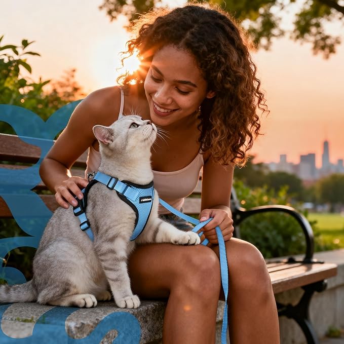 rabbitgoo Cat Harness and Leash for Walking, Escape Proof Soft Adjustable Vest Harnesses for Cats, Easy Control Breathable Reflective Strips Jacket, Light Blue, S