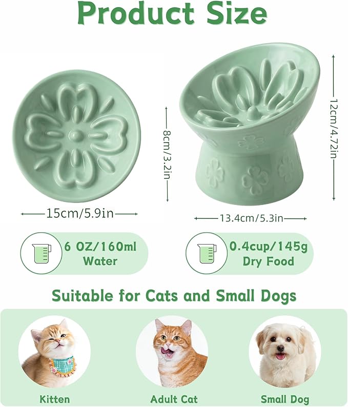 TRUVIC Ceramic Slow Feeder Cat Bowl, Elevated Cat Wet Food Bowl Tilted Design, Raised Slow Feeder Dog Bowl no Black Chin, Four-Leaf Clover Shape for Dry and Wet Food, Green