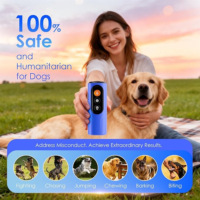 Dog Bark Deterrent Device, 50FT Range Ultrasonic Anti-Barking Tool for Training - Safe & Effective, Rechargeable Blue Handheld with LED for Indoor/Outdoor, Humane No-Collar Alternative