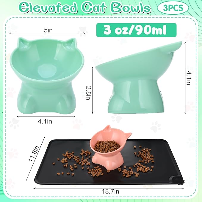 3 Pcs Elevated Cat Bowls 15° Raised Cat Food Bowl with Silicone Pet Food Mat Anti Vomiting Cats Dishes Pet Food and Water Bowls for Indoor Cats and Small Dogs(3 Colors)