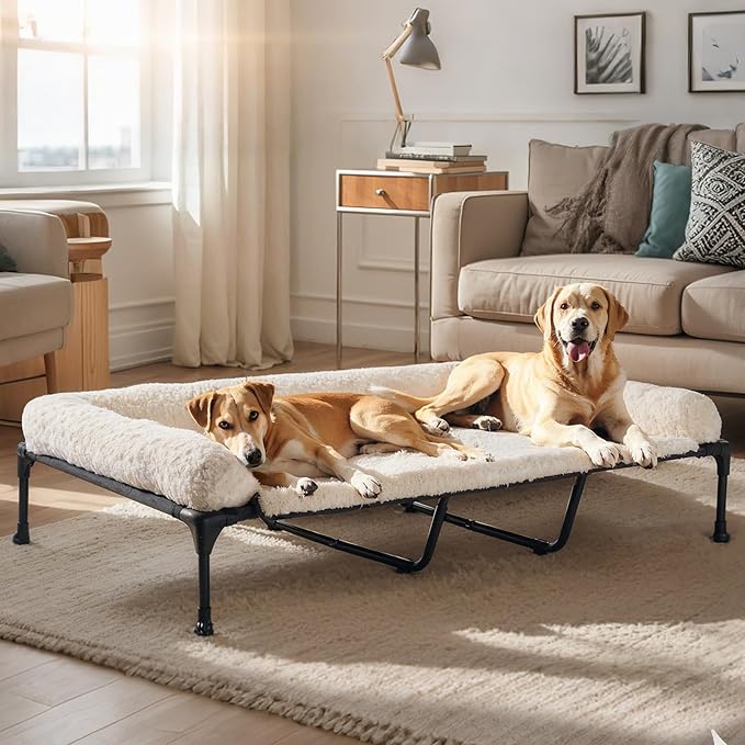 Veehoo Orthopedic Elevated Dog Bed Add Removable Deluxe Rose Plush Bolster Cushion Mat, 59" x 37" Washable Dog Couch Bed, Raised Pet Cot with Breathable Teslin Mesh, No-Slip Feet, White, CWC2439B