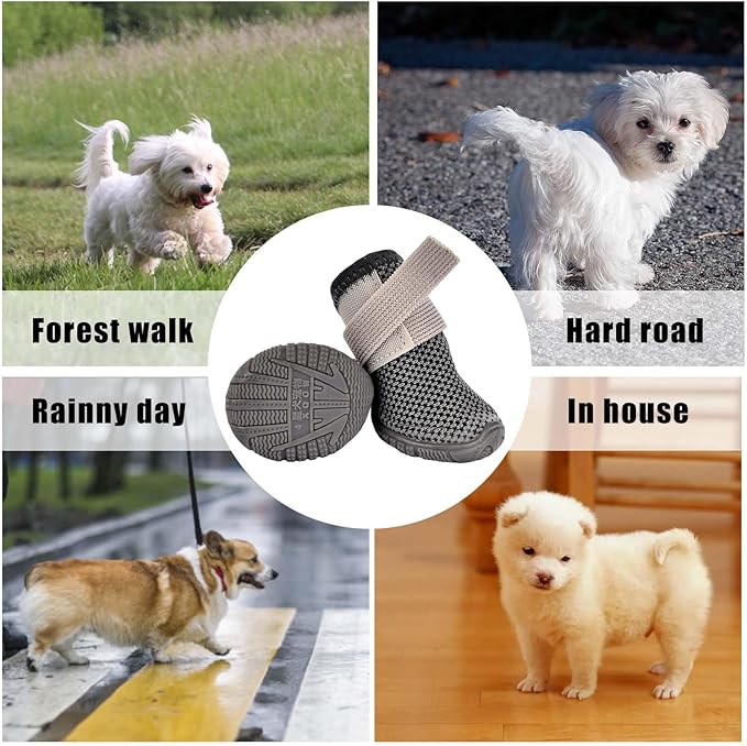 Soft Dog Shoes for Small Dogs, Anti-Slip Dog Boots for Winter Snowy Day, Summer Hot Pavement, Breathable Dog Paw Protectors for Outdoor Walking Running, Size 4, Grey