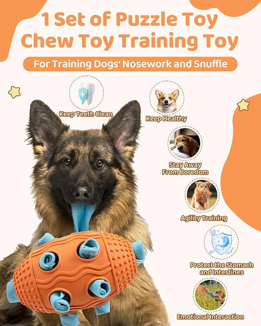 Interactive Dog Toy with Natural Rubber Soccer Design, Dental Care, Pet Energy Relief Brain Teaser Toy, Activity Training Foraging Toy, Mentally Stimulating Slow Feeder Dog Treat Dispenser Orange